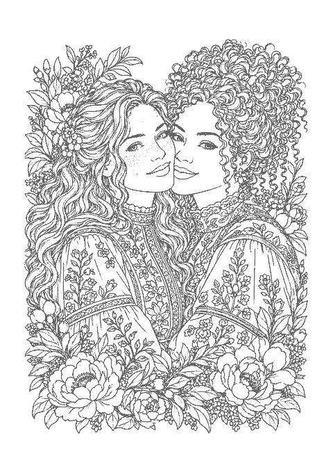 Coloriage de deux femmes joue contre joue, l’une rousse aux cheveux ondulés, l’autre aux boucles, entourées de pivoines
