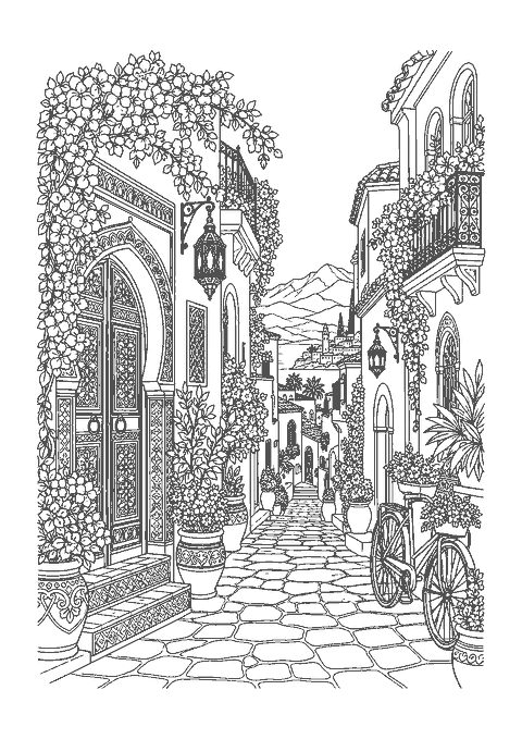 Coloriage d’une ruelle étroite avec porte sculptée, lanternes, balcons fleuris et vélo