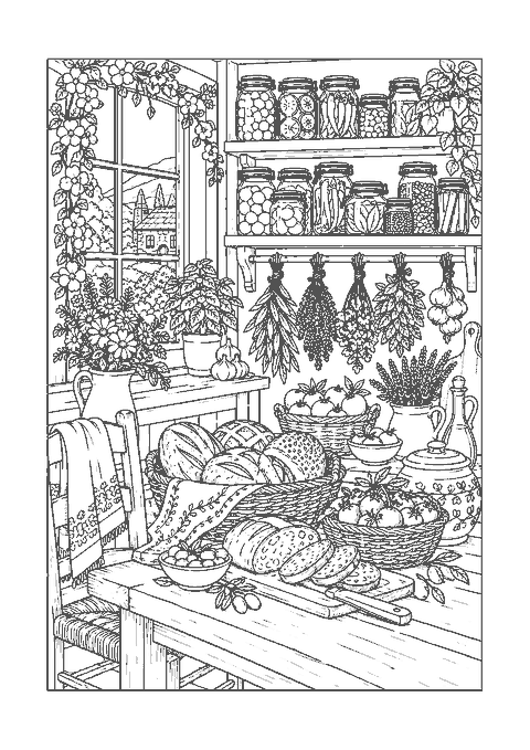 Coloriage d’une cuisine de campagne avec bocaux, herbes séchées, paniers de pains et fruits