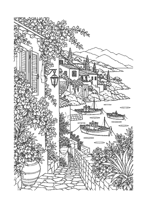 Coloriage d’une ruelle méditerranéenne descendant vers la mer, barques et bougainvilliers